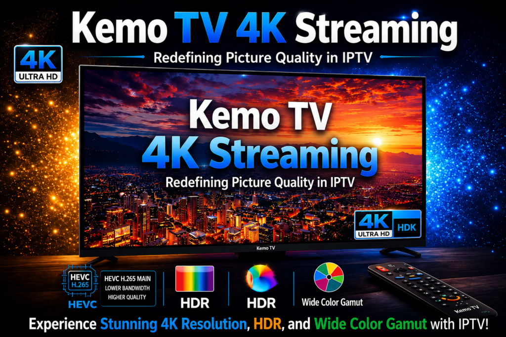 Kemo TV 4K streaming showcasing ultra high-definition IPTV picture quality on smart TV and devices.